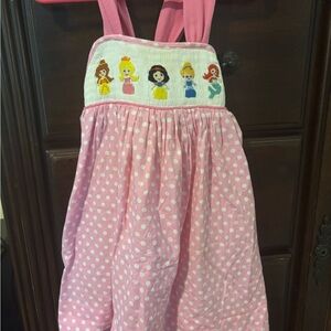 Girls Smocked Pink Polka Dot Sundress with Hand Embroidered Princesses